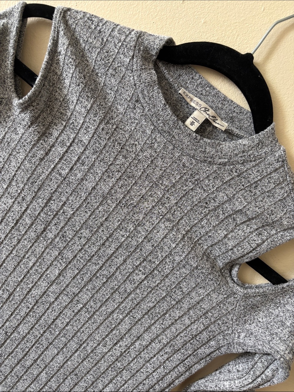 Express Gray Ribbed Cold-Shoulder Knit Top